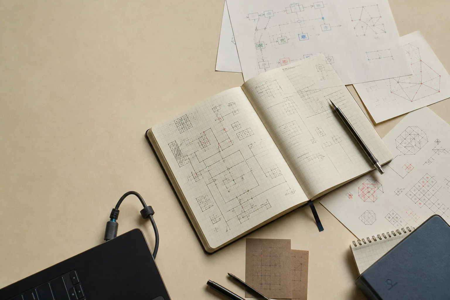 Engineering notes and system diagrams arranged on a desk